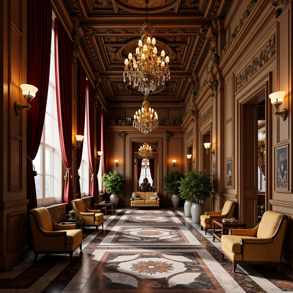 Prompt: Luxurious Renaissance-style interior, rich wood tones, ornate carvings, gilded accents, velvet drapes, jewel-toned fabrics, intricate patterns, marble floors, ornate mirrors, crystal chandeliers, warm golden lighting, soft focus, shallow depth of field, 2/3 composition, realistic textures, ambient occlusion.