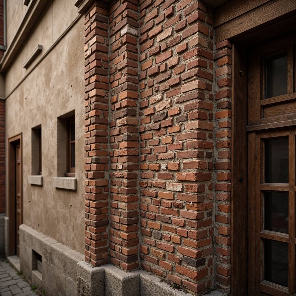 Prompt: Rustic brick walls, weathered surfaces, earthy tones, rough textures, aged mortar, worn corners, crumbling edges, vintage architectural details, ornate facades, distressed finishes, warm ambient lighting, shallow depth of field, 1/1 composition, realistic normal maps, detailed bump mapping, high-frequency detail textures.