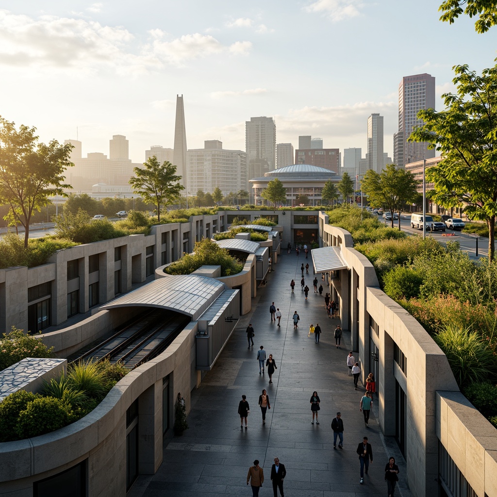 Prompt: Vibrant transportation hub, lush green roofs, natural stone walls, modern architecture, curved lines, sleek metal accents, glass canopies, bustling pedestrian walkways, urban landscape, city skyline views, misty morning atmosphere, warm golden lighting, shallow depth of field, 1/2 composition, realistic textures, ambient occlusion, integrated public art installations, eco-friendly infrastructure, sustainable energy systems, rainwater harvesting facilities, green urban planning principles, accessible pedestrianized zones, efficient traffic flow management.