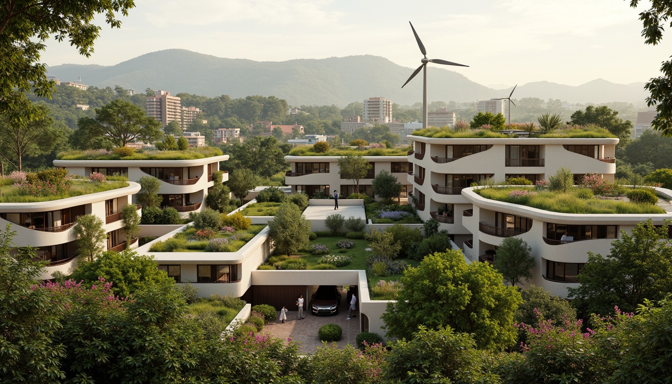 Prompt: Eco-friendly buildings, green roofs, solar panels, wind turbines, rainwater harvesting systems, natural ventilation, recyclable materials, energy-efficient windows, minimalist design, organic curves, earthy tones, lush greenery, vibrant flowers, serene atmosphere, soft warm lighting, shallow depth of field, 3/4 composition, panoramic view, realistic textures, ambient occlusion.