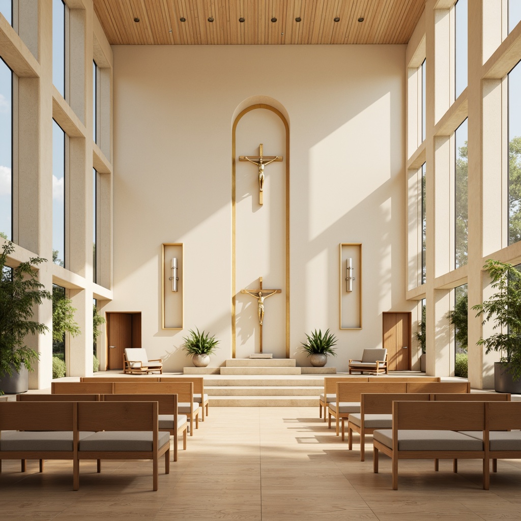 Prompt: Sleek minimalist chapel, soft cream walls, polished wooden floors, subtle beige accents, calming natural light, floor-to-ceiling windows, minimal ornamentation, simple crucifixes, understated pews, neutral tone fabrics, serene ambiance, warm beige stone fa\u00e7ade, elegant archways, subtle golden trimmings, peaceful atmosphere, shallow depth of field, 1/1 composition, softbox lighting, ambient occlusion.