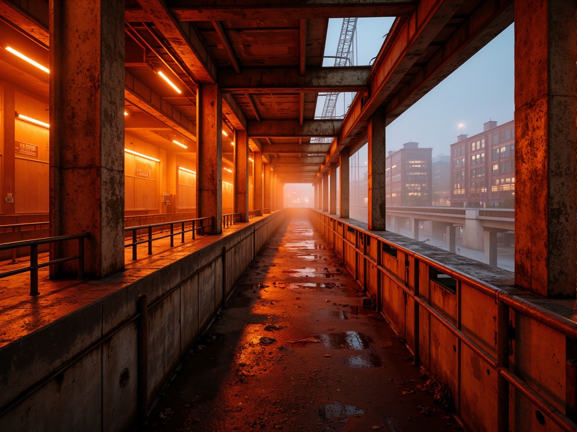 Prompt: Vibrant orange hues, metallic steel beams, industrial urban landscapes, gritty cityscapes, worn concrete textures, rusty railings, moody atmospheric lighting, misty dawn scenes, soft focus photography, 1/2 composition, cinematic mood, dramatic shadows, high-contrast color grading, futuristic infrastructure, neon-lit accents, dynamic motion blur, abstract expressionist brushstrokes.