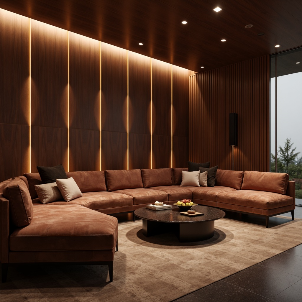 Prompt: Luxurious interior design, copper accents, rich wood tones, velvet upholstery, metallic sheen, contrasting textures, modern minimalist aesthetic, sleek lines, monochromatic color scheme, ambient warm lighting, shallow depth of field, 1/1 composition, realistic reflections, detailed normal maps.