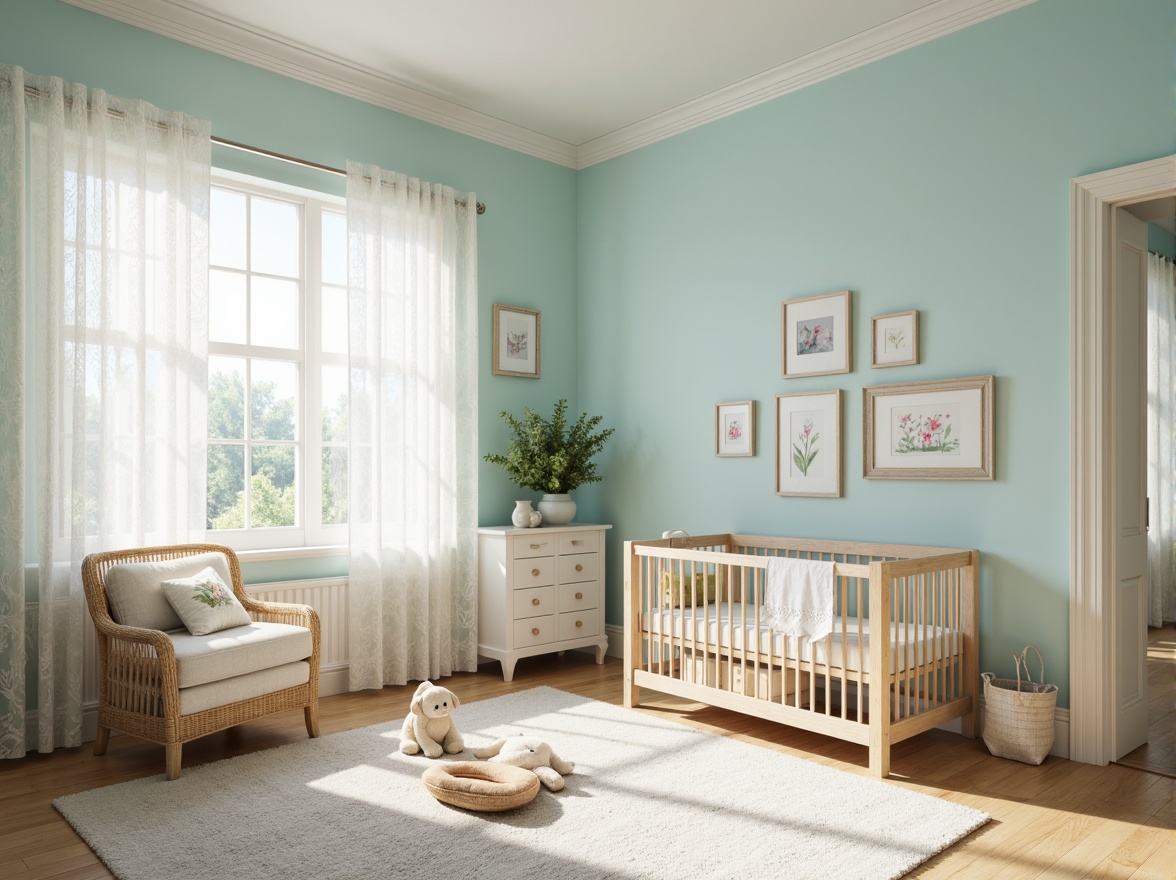 Prompt: Soft baby blue walls, creamy white trim, warm beige furniture, plush carpeting, gentle natural light, calming atmosphere, serene nursery setting, delicate lace curtains, vintage wooden crib, tender floral patterns, pastel-colored toys, whimsical illustrations, gentle color transitions, 1/1 composition, soft focus, shallow depth of field.