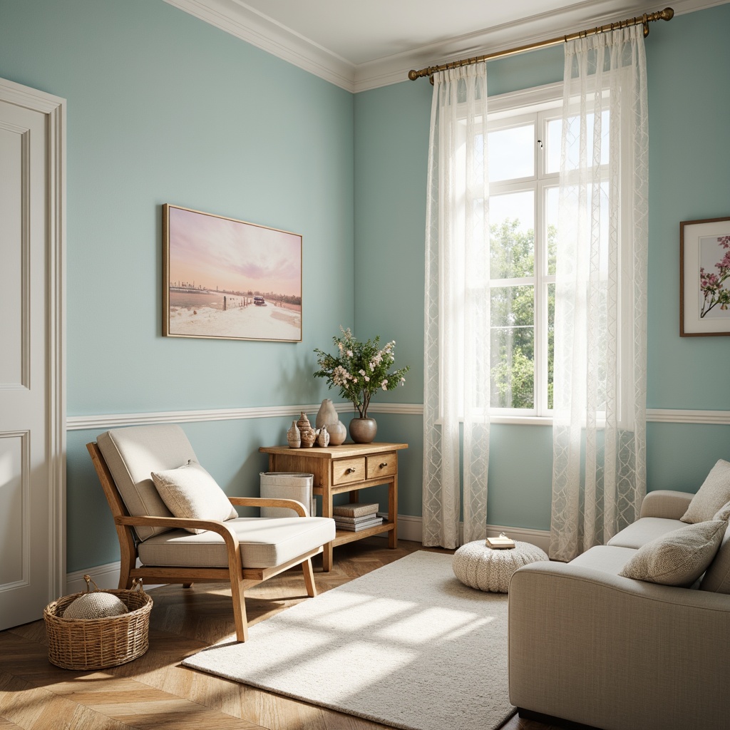 Prompt: Soft baby blue walls, creamy white trim, warm beige furniture, natural wood accents, plush area rug, delicate lace curtains, pastel-hued artwork, calming ambiance, gentle morning light, shallow depth of field, 1/1 composition, realistic textures, ambient occlusion.