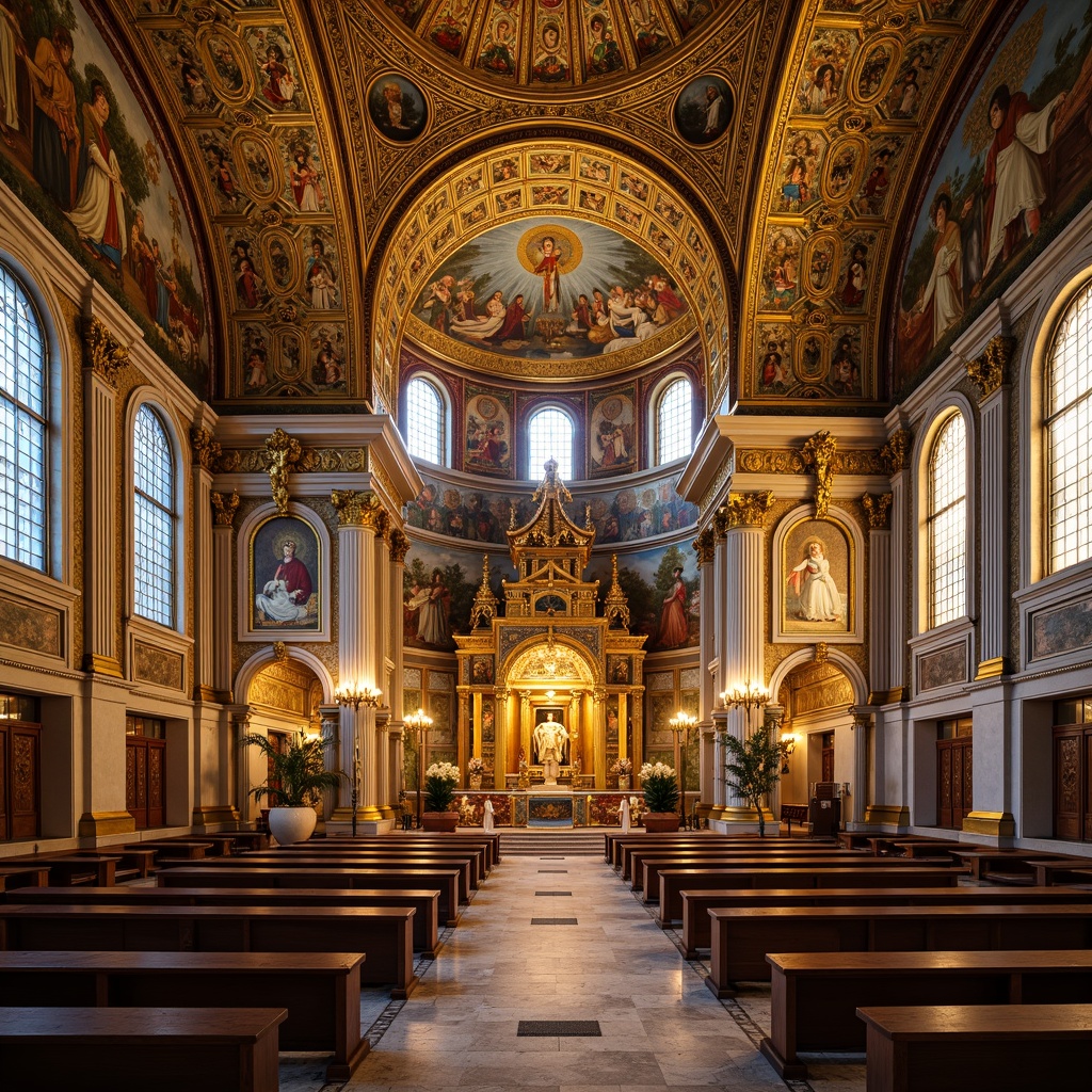 Prompt: Intricate mosaics, golden domes, ornate crosses, lavish frescoes, richly patterned textiles, grand archways, ornamental capitals, polished marble floors, vibrant apse decorations, majestic vaulted ceilings, elaborate iconostases, spiritual ambiance, warm golden lighting, shallow depth of field, 1/1 composition, symmetrical framing, realistic textures, ambient occlusion.