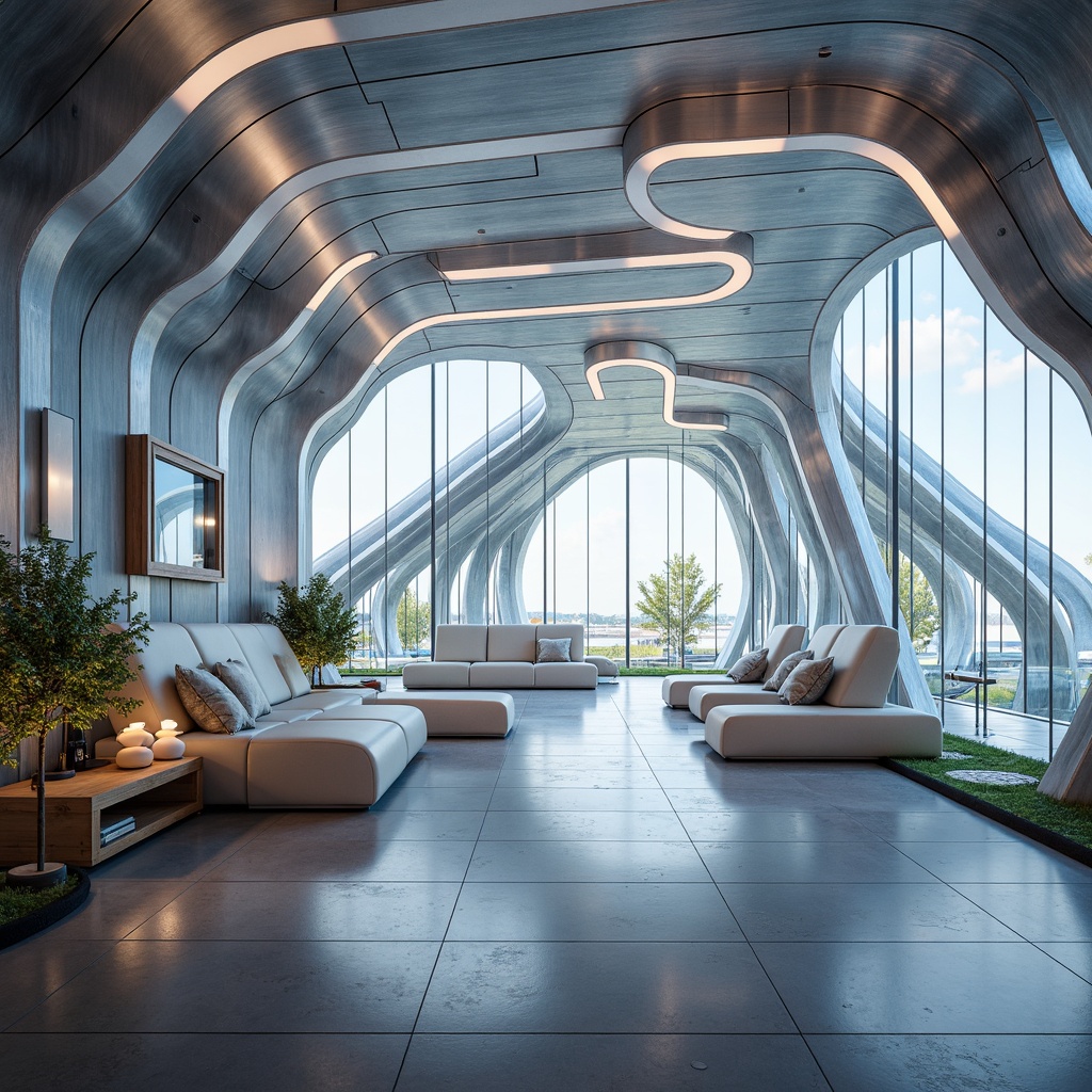 Prompt: Futuristic fibreglass structure, curved lines, iridescent colors, translucent panels, sleek modern architecture, sustainable building materials, eco-friendly design, innovative insulation systems, thermal energy efficiency, minimalist interior spaces, polished metal accents, ambient lighting effects, shallow depth of field, 1/1 composition, panoramic view, realistic textures, soft focus blur.