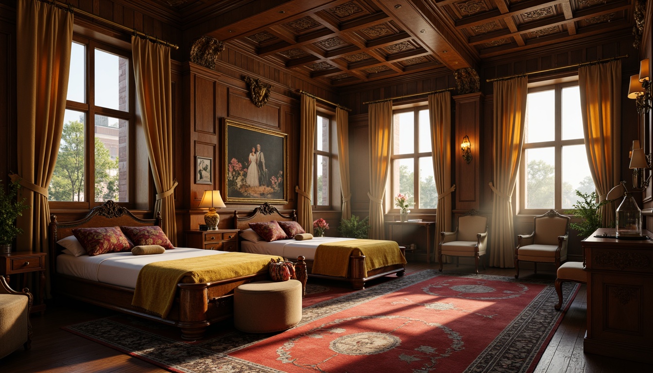 Prompt: Cozy dormitory, ornate wooden furniture, plush velvet fabrics, soft golden lighting, intricate carvings, delicate moldings, romantic balconies, charming turrets, whimsical gargoyles, lavish drapery, richly patterned rugs, vintage-inspired decor, distressed finishes, warm earthy tones, rustic stone walls, mysterious passageways, atmospheric misting, 1/2 composition, intimate close-ups, dramatic chiaroscuro, soft focus effects.