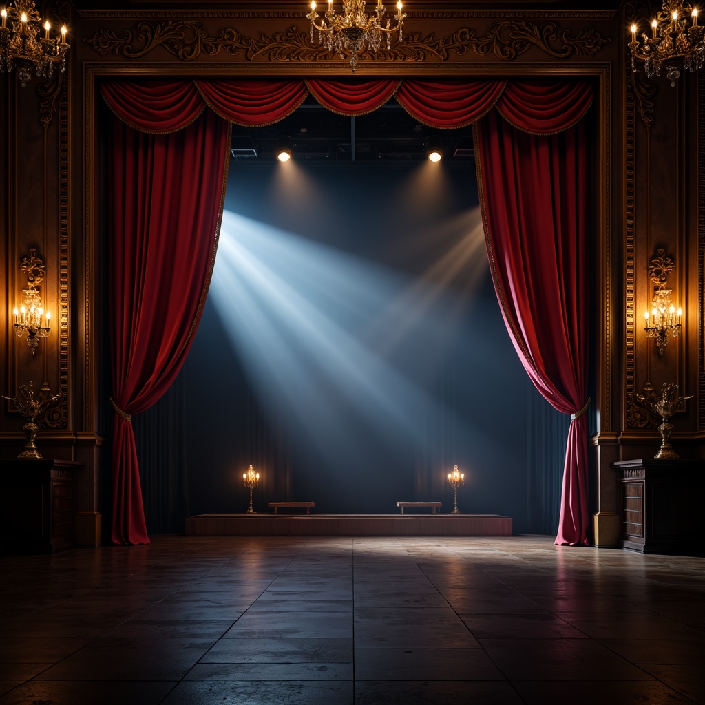 Prompt: Dramatic stage, bold spotlighting, intense shadows, dark misty atmosphere, eerie fog effects, vibrant red curtains, ornate golden frames, majestic chandeliers, crystal sconces, warm glowing candelabras, mysterious lanterns, high-contrast lighting, low-key illumination, dramatic color grading, cinematic composition, 1/2 frame ratio, shallow depth of field, soft focus background, realistic textures, ambient occlusion.