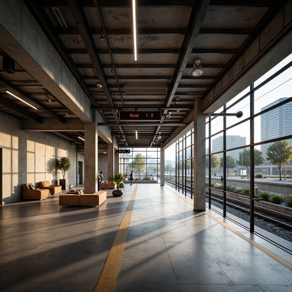 Prompt: Sleek tram station, minimalist interior design, industrial concrete floors, modern metal beams, sparse furniture, simple signage, subtle ambient lighting, calm atmosphere, natural stone accents, wooden benches, stainless steel handrails, geometric patterns, clean lines, functional layout, efficient circulation paths, abundant natural light, soft warm glow, shallow depth of field, 3/4 composition, panoramic view, realistic textures, ambient occlusion.