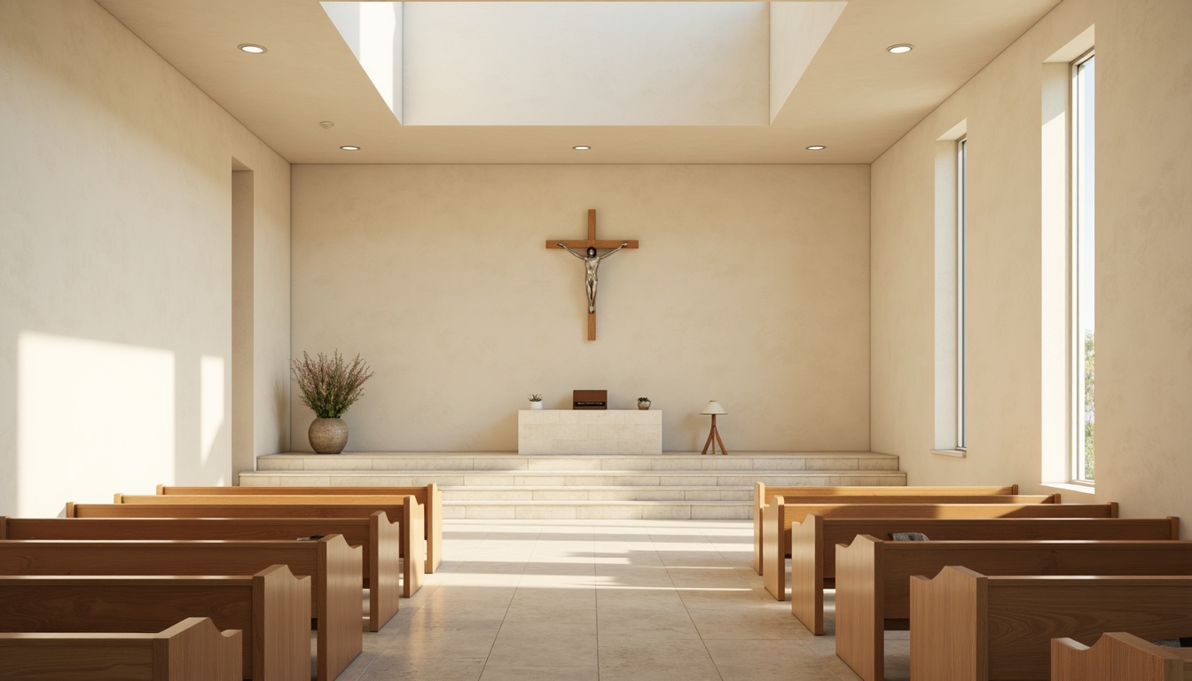 Prompt: Minimalist chapel, soft cream walls, warm beige floors, subtle grey stone accents, natural light pouring through clerestory windows, minimalist wooden pews, simple altar, neutral-toned religious icons, calming atmosphere, soft diffused lighting, shallow depth of field, 1/1 composition, serene ambiance, realistic textures, ambient occlusion, gentle color transitions, soothing spiritual space.