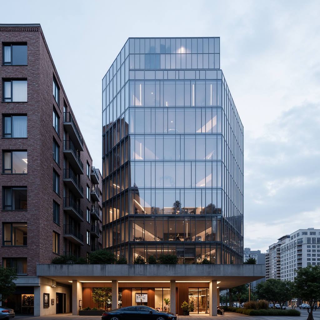 Prompt: Modern building facade, sleek glass surfaces, reflective metal panels, rough concrete textures, industrial brick walls, natural stone cladding, minimalist wood accents, polished steel details, futuristic LED lighting, abstract geometric patterns, urban cityscape background, overcast sky with subtle cloud formations, shallow depth of field, 3/4 composition, realistic material reflections, ambient occlusion.