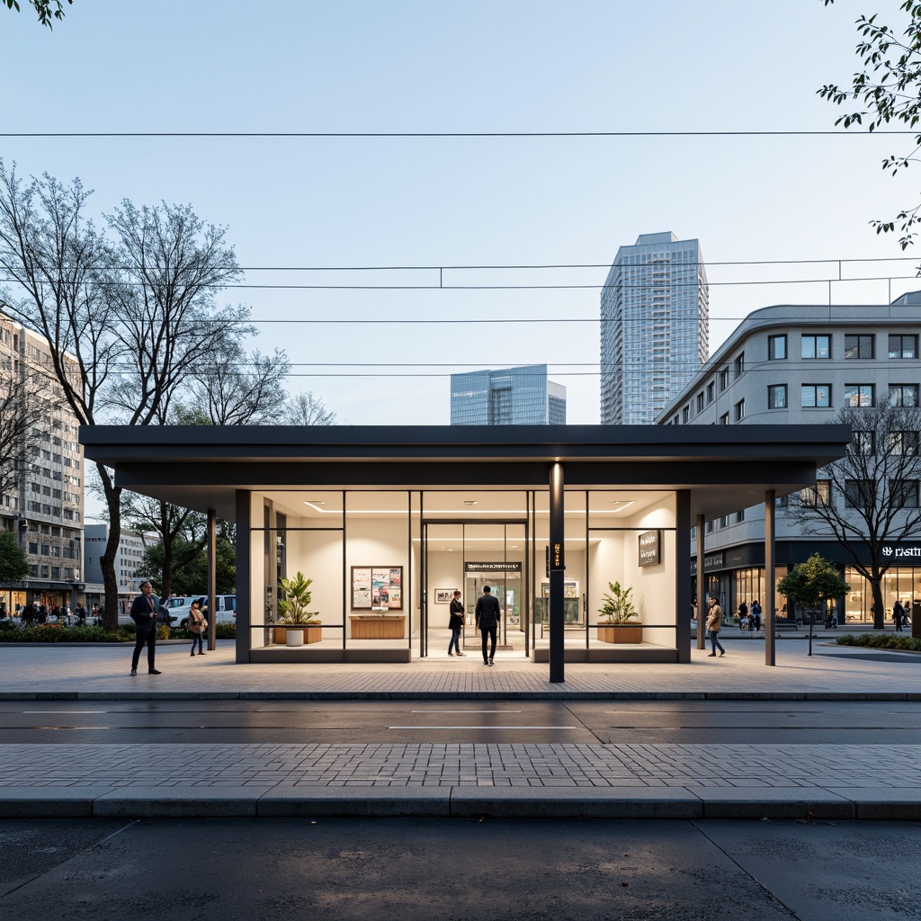 Prompt: Clean tram station fa\u00e7ade, minimalist architecture, simple rectangular shapes, flat roofs, neutral color palette, steel frames, glass walls, sleek signage, urban cityscape, busy streets, morning commute, soft natural light, subtle shadows, 1/1 composition, symmetrical balance, modern typography, industrial materials, concrete floors, metallic accents, minimal ornamentation, functional design, efficient layout.