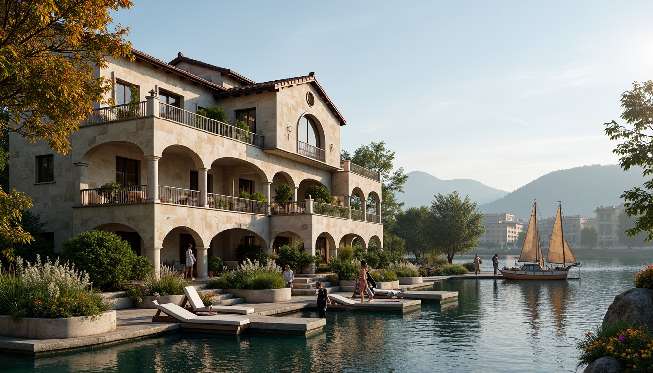 Prompt: Renaissance-style riverfront villa, grandiose arches, ornate balconies, intricate stone carvings, flowing water features, serene river views, lush greenery, vibrant flowers, picturesque piers, wooden sailing boats, calm sunny day, soft warm lighting, shallow depth of field, 3/4 composition, panoramic view, realistic textures, ambient occlusion.