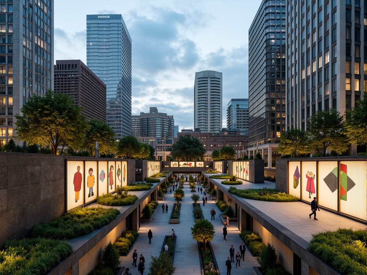 Prompt: Vibrant urban landscape, lush green roofs, natural stone walls, modern metro station architecture, sleek glass facades, abstract art installations, pedestrian-friendly walkways, bustling city atmosphere, warm LED lighting, shallow depth of field, 1/2 composition, symmetrical framing, realistic textures, ambient occlusion, integrated public art, dynamic urban scenery.