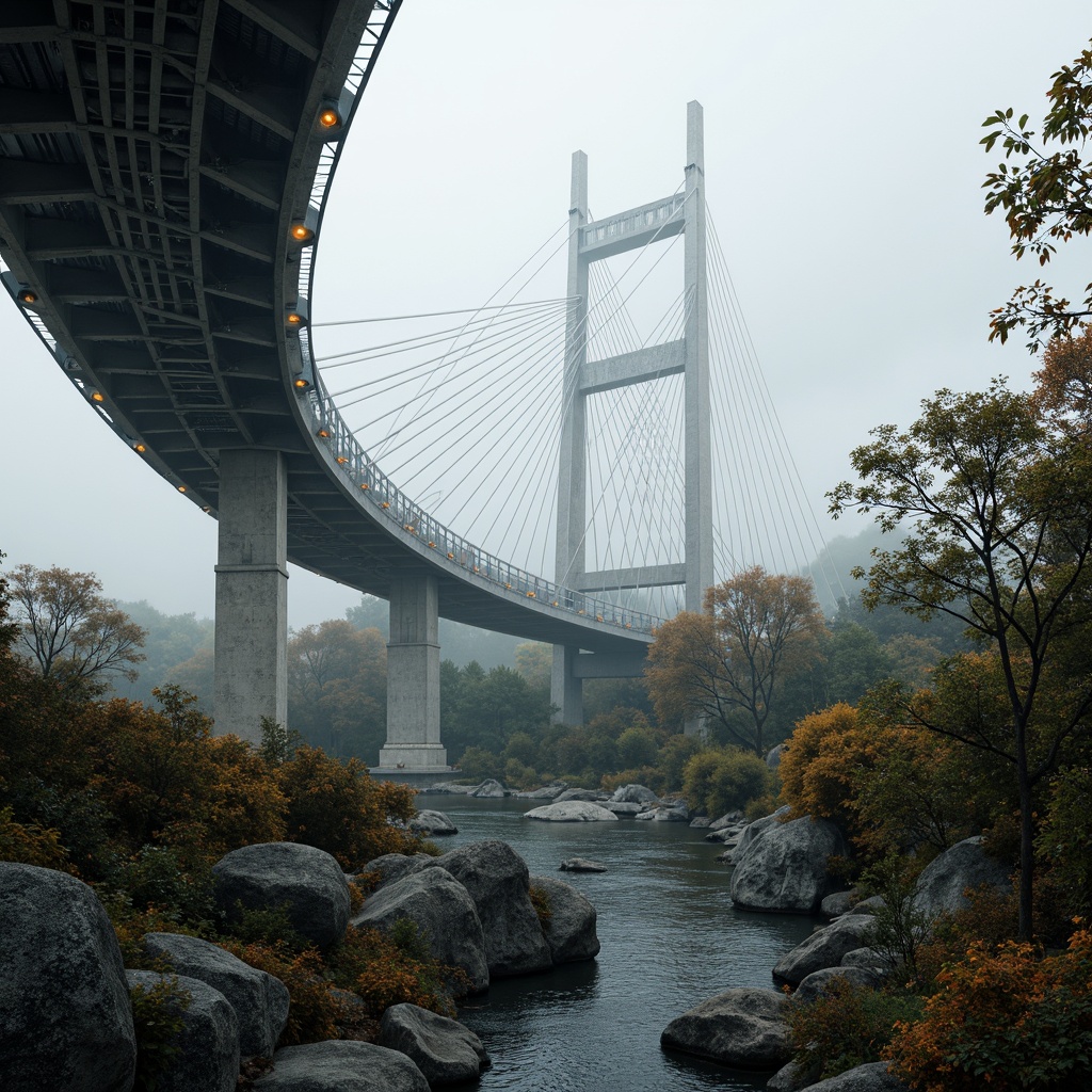 Prompt: Curved bridge silhouette, dynamic cable stays, metallic latticework, vibrant orange accents, rugged stone piers, winding watercourse, lush greenery, misty atmosphere, soft warm lighting, shallow depth of field, 3/4 composition, panoramic view, realistic textures, ambient occlusion, industrial materials, geometric patterns, futuristic details, minimalist railings, sleek pedestrian pathways, innovative illumination systems.