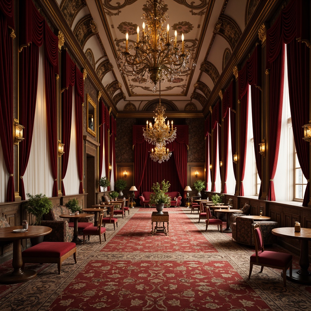 Prompt: Luxurious velvet fabrics, ornate golden embroidery, rich brocade patterns, opulent silk drapes, majestic Renaissance architecture, grand ornate columns, intricately carved wooden furniture, lavish crystal chandeliers, warm candlelight ambiance, soft focus blur, shallow depth of field, 2/3 composition, elegant curved lines, refined classical proportions, subtle color palette, intricate fresco ceilings, ornate plaster moldings.