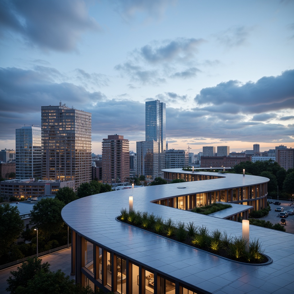 Prompt: Sleek modern buildings, streamlined rooflines, curved metallic surfaces, minimalist architectural design, bold geometric shapes, futuristic aesthetics, high-tech materials, solar panels integration, green roofs, wind turbines installation, urban cityscape, cloudy blue sky, dramatic shadows, low-angle shot, 1/2 composition, soft warm lighting, realistic reflections, ambient occlusion.