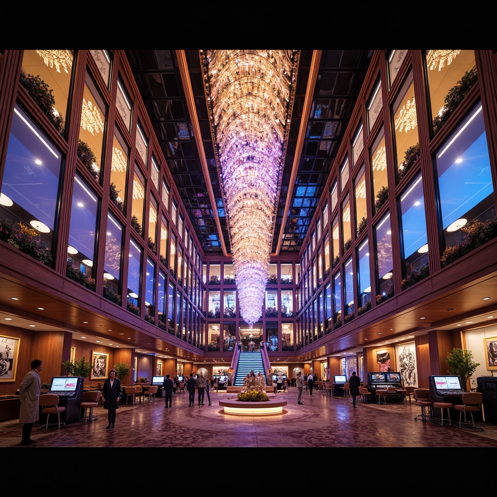 Prompt: Luxurious casino interior, shimmering glass facades, ornate metal frameworks, sparkling crystal chandeliers, vibrant neon lights, lavish decorations, grand staircases, polished marble floors, opulent furnishings, dramatic high ceilings, warm atmospheric lighting, 1/2 composition, shallow depth of field, realistic reflections, ambient occlusion.