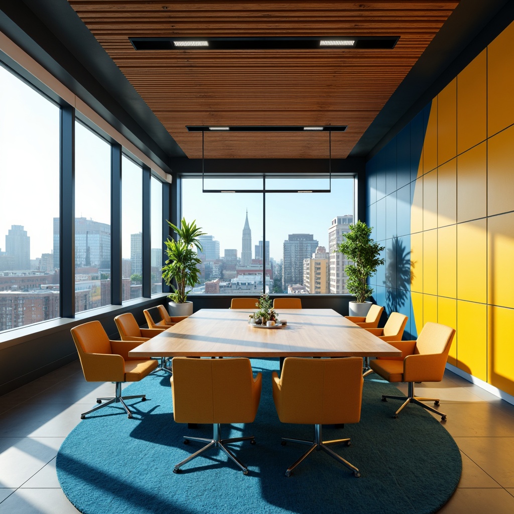 Prompt: Vibrant business conference room, sleek modern furniture, bold statement walls, rich wood accents, energizing bright colors, warm beige tones, cool blue undertones, dynamic yellow highlights, professional minimal decor, abundant natural light, floor-to-ceiling windows, urban cityscape views, bustling metropolitan atmosphere, sharp contrast lighting, high-contrast ratio, 1/1 composition, cinematic color grading, realistic reflections.