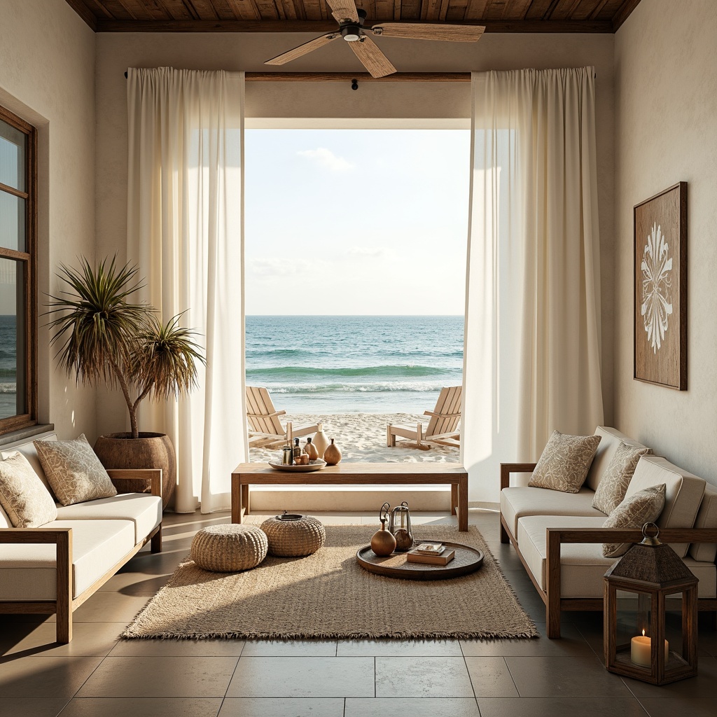 Prompt: Soft sandy beach, driftwood furniture, billowy white curtains, distressed wooden accents, vintage nautical decorations, plush area rugs, serene ocean views, calming blue-green color palette, gentle sea breeze, warm golden lighting, rustic metal lanterns, natural linen fabrics, woven sea grass textures, subtle shell patterns, dreamy watercolor artwork, relaxed 3/4 composition, intimate atmospheric perspective.