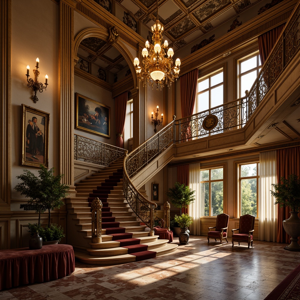 Prompt: Luxurious mansion, grand staircase, ornate chandeliers, intricate moldings, gilded accents, lavish furnishings, velvet drapes, marble floors, crystal vases, exquisite artwork, opulent fabrics, Baroque-inspired details, dramatic lighting, warm golden tones, shallow depth of field, 1/1 composition, realistic textures, ambient occlusion.