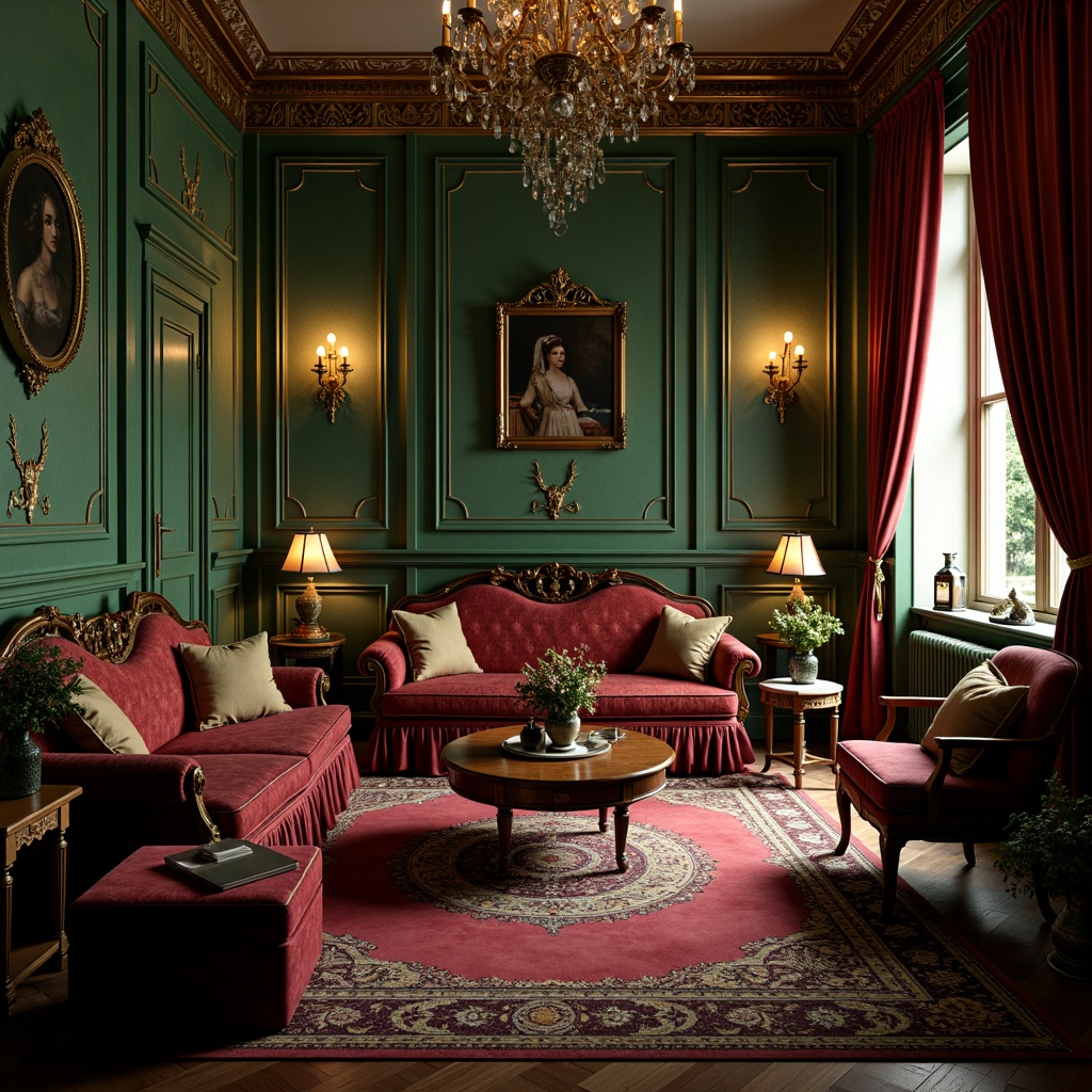 Prompt: Whimsical Victorian-era mansion, ornate furnishings, lavish decor, rich jewel-toned color palette, emerald green walls, crimson red velvet drapes, golden accents, soft warm candlelight, mysterious shadows, intricate patterns, floral motifs, luxurious fabrics, romantic ambiance, nostalgic feel, dreamy atmosphere, cinematic lighting, 3/4 composition, shallow depth of field, realistic textures, ambient occlusion.