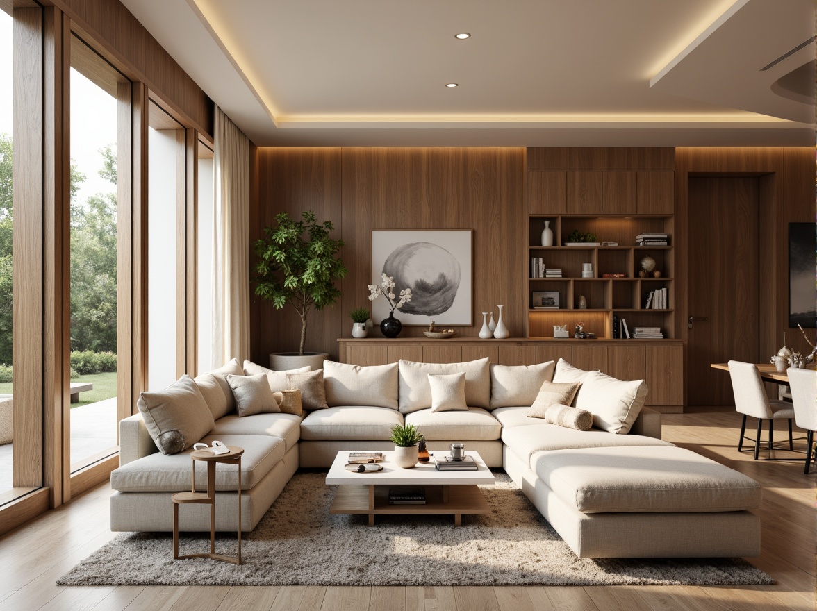 Prompt: Cozy living room, plush furniture, warm beige tones, natural wood accents, floor-to-ceiling windows, soft diffused lighting, minimal ornamentation, functional storage solutions, elegant curved lines, Scandinavian-inspired design, textured rugs, comfortable seating areas, built-in shelving units, modern minimalist decor, ambient LED illumination, 1/1 composition, shallow depth of field, realistic materials, subtle color palette.