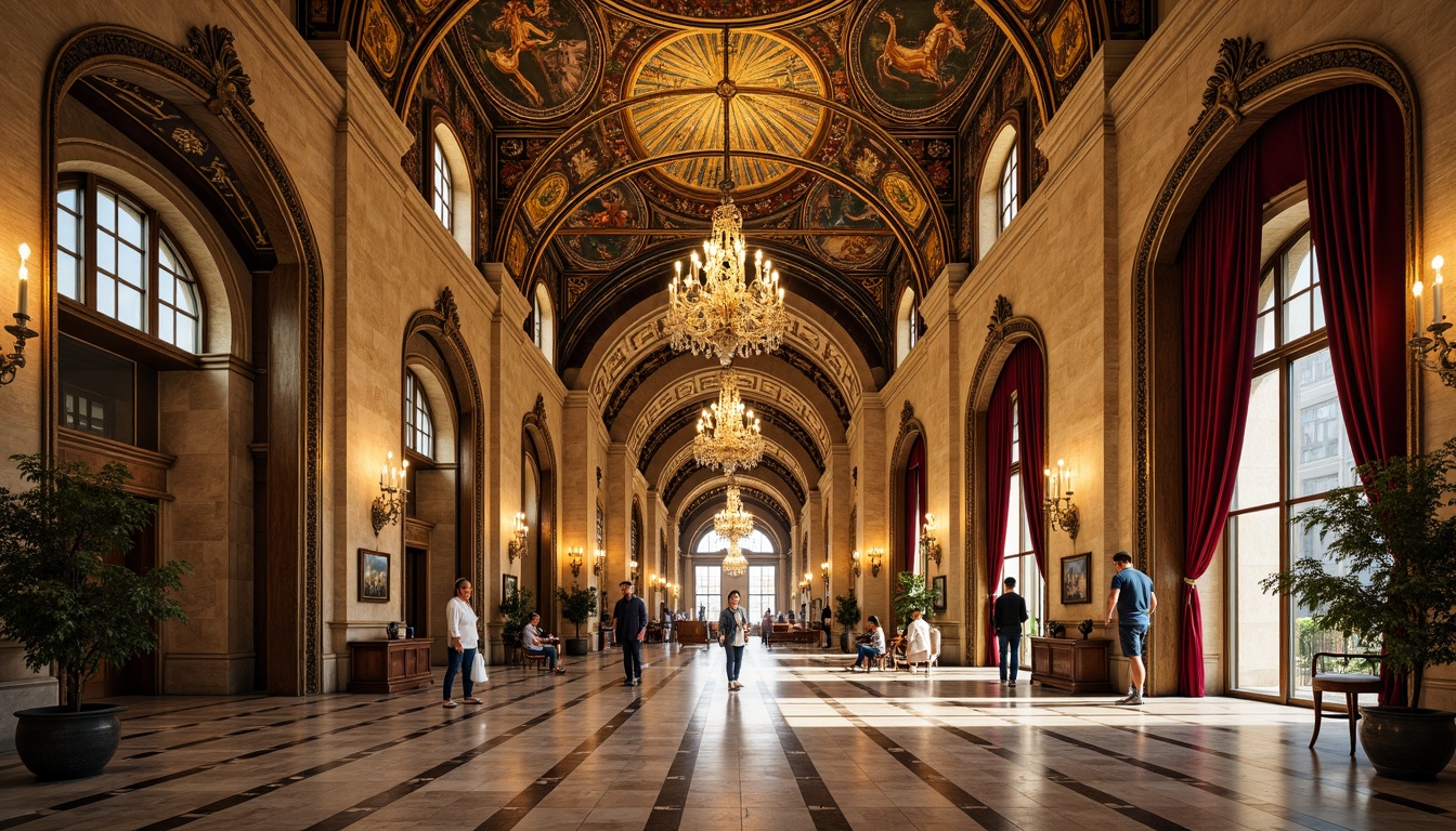 Prompt: Intricate mosaics, golden domes, ornate frescoes, rich marble textures, polished granite floors, vibrant Byzantine patterns, luxurious velvet drapes, ornamental metalwork, grandiose archways, imposing columns, lavish chandeliers, warm candlelight, soft natural light, shallow depth of field, 1/1 composition, realistic reflections, ambient occlusion.