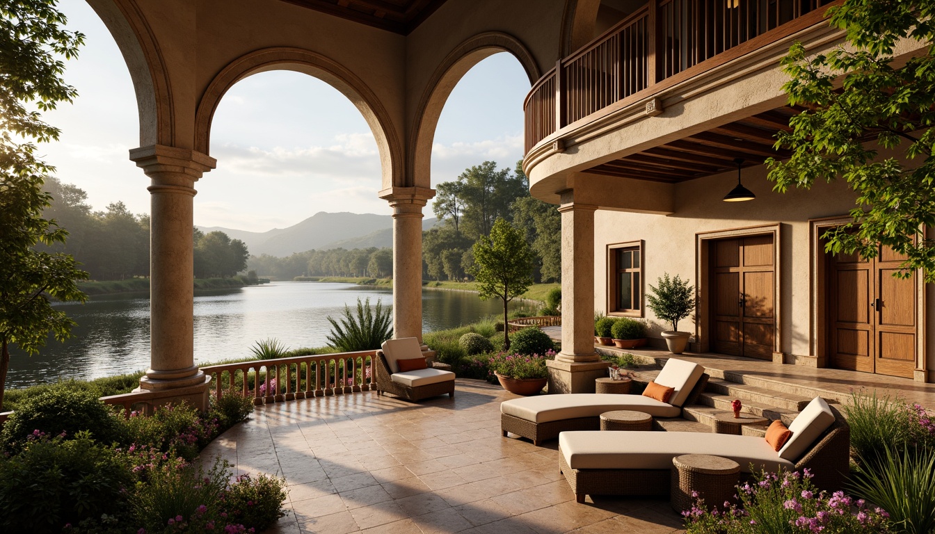 Prompt: Renaissance-style villa, curved balconies, ornate stone carvings, rustic wooden doors, grand entrance halls, sweeping staircases, vaulted ceilings, large windows, panoramic river views, serene water reflections, lush greenery, vibrant flowers, tranquil atmosphere, warm golden lighting, shallow depth of field, 3/4 composition, realistic textures, ambient occlusion.