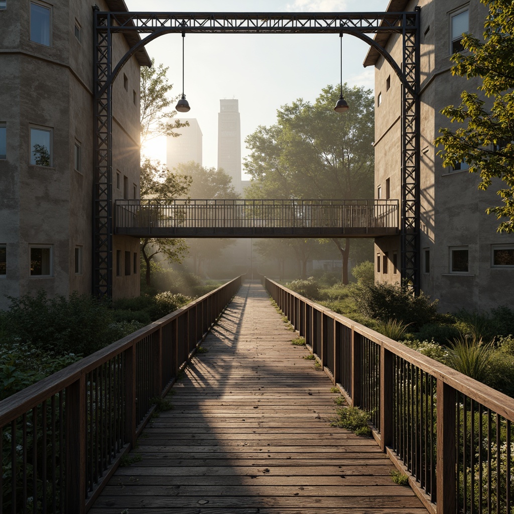 Prompt: Rustic steel bridges, worn wooden planks, rough stone walls, weathered concrete pillars, intricate metal latticework, suspended walkways, gentle river flow, serene natural surroundings, misty morning atmosphere, soft warm lighting, high dynamic range, realistic material textures, detailed normal mapping, cinematic camera angles, 2.5D composition, atmospheric scattering effects.