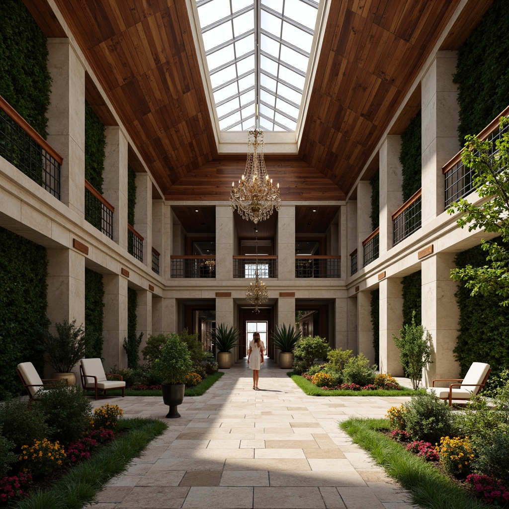 Prompt: Grand atrium, high ceilings, ornate chandeliers, wooden paneling, stone columns, classical fa\u00e7ade, ivy-covered walls, manicured lawns, vibrant flower beds, natural stone flooring, large skylights, clerestory windows, soft warm lighting, gentle shadows, 1/1 composition, realistic textures, ambient occlusion.