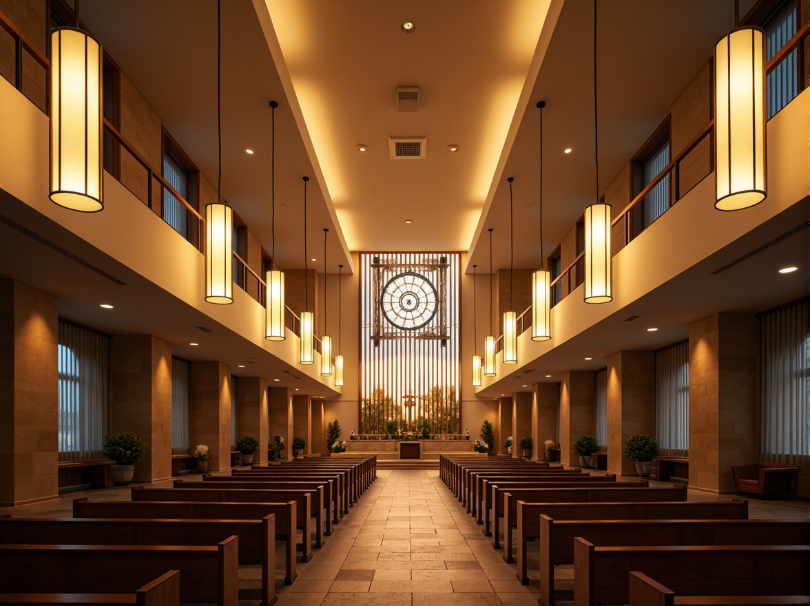 Prompt: Elegant international-style church interior, high ceilings, grand chandeliers, suspended lanterns, ambient warm lighting, soft glow, subtle shadows, minimalist decor, neutral color palette, natural stone floors, wooden pews, stained glass windows, dramatic vertical lighting, LED strip lights, cove lighting, indirect illumination, sophisticated atmosphere, serene ambiance, peaceful worship space, modern spirituality.