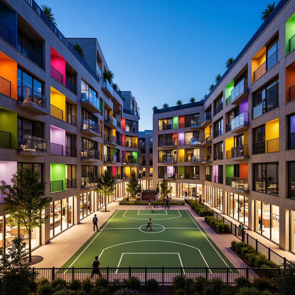 Prompt: Vibrant sports field social housing, modern angular facades, bold color schemes, dynamic LED lighting, sleek metallic accents, large windows, open-air corridors, communal recreational spaces, basketball courts, soccer fields, tennis tables, fitness centers, green roofs, eco-friendly materials, sustainable energy systems, wind turbines, solar panels, natural ventilation systems, abundant natural light, airy interior spaces, minimalist decor, functional layout, 3/4 composition, shallow depth of field, realistic textures, ambient occlusion.Please let me know if this meets your requirements!