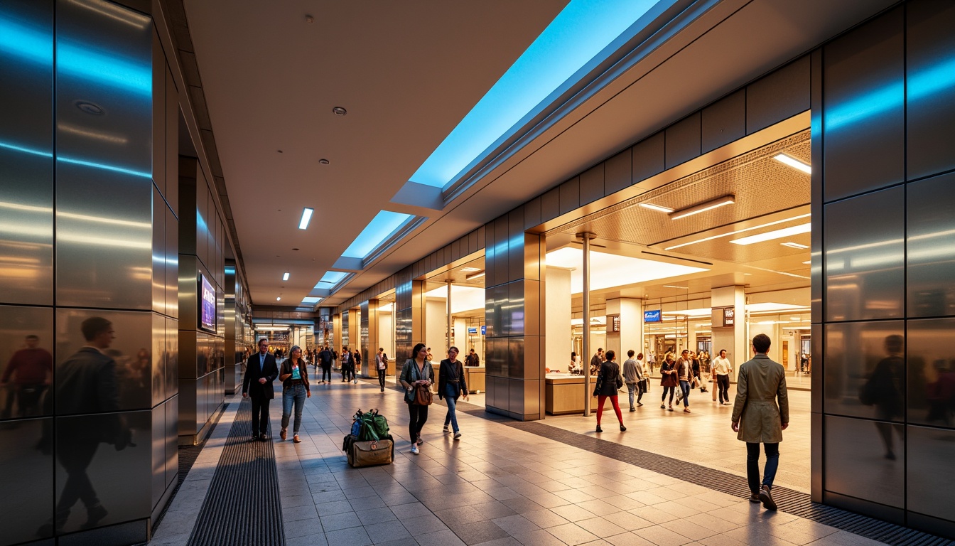 Prompt: Vibrant metro station, modern architecture, sleek lines, stainless steel columns, gleaming white tiles, LED light strips, futuristic ambiance, dynamic color-changing lights, urban atmosphere, rush-hour crowds, morning commute, evening stroll, warm golden lighting, soft shadows, 3/4 composition, shallow depth of field, realistic textures, ambient occlusion.