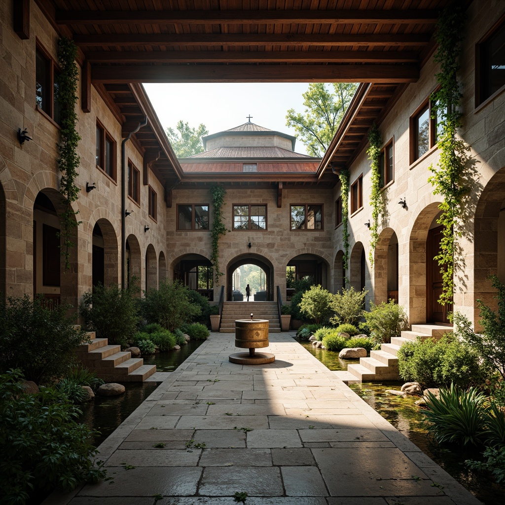 Prompt: Serenity-filled monastery courtyard, lush greenery, tranquil water features, prayer wheels, intricately carved stone walls, wooden accents, rustic doors, ornate metalwork, grand staircases, vaulted ceilings, natural light pouring through stained glass windows, peaceful ambiance, soft warm lighting, shallow depth of field, 1/2 composition, symmetrical framing, realistic textures, ambient occlusion, fusion of Eastern and Western architectural styles, harmonious blend of traditional and modern elements.