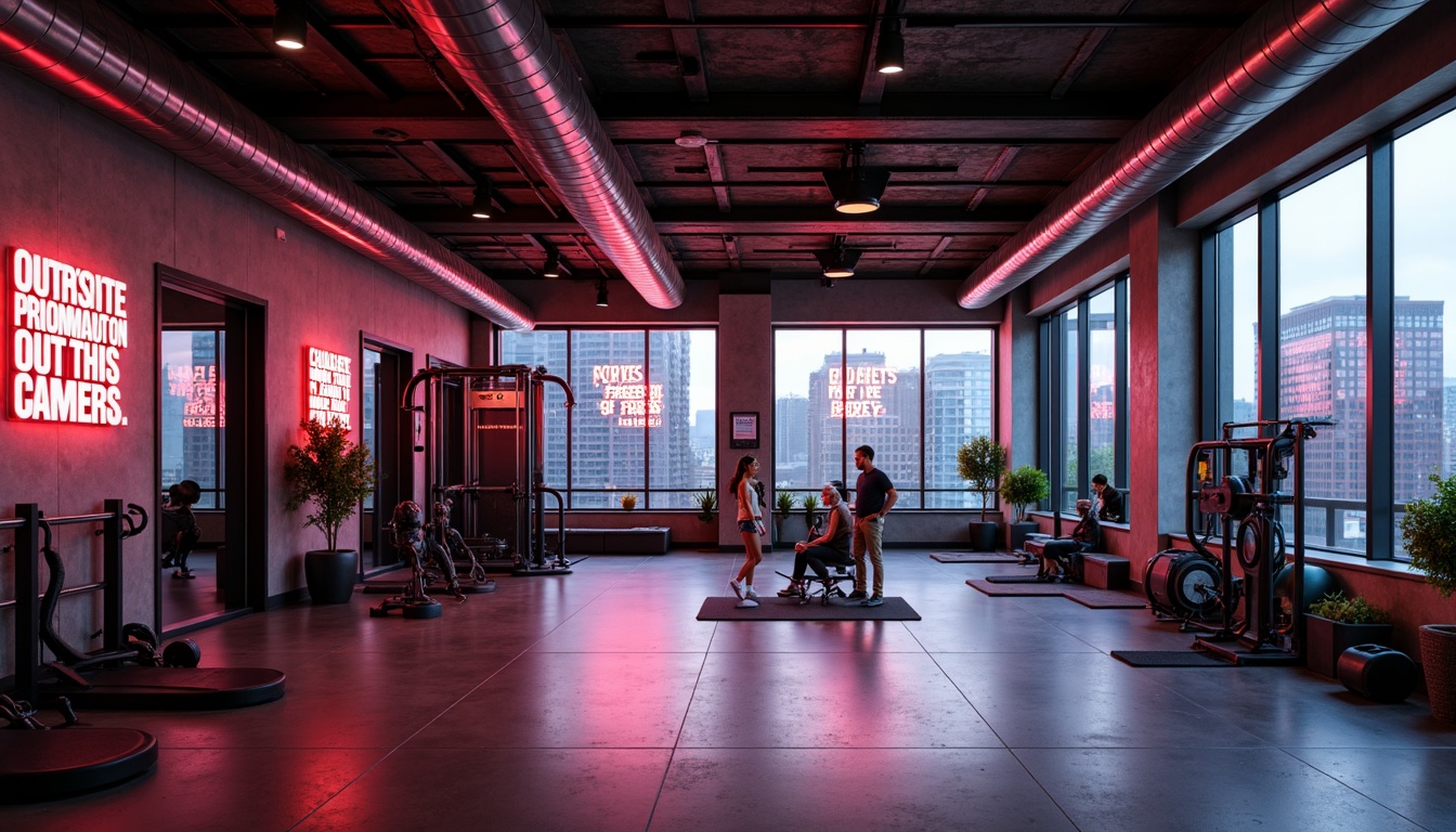 Prompt: Industrial chic fitness studio, exposed ductwork, polished concrete floors, metallic equipment, neon light installations, bold typography, motivational quotes, urban cityscape views, floor-to-ceiling windows, modern minimalist decor, dynamic color scheme, high-contrast lighting, shallow depth of field, 3/4 composition, realistic textures, ambient occlusion.