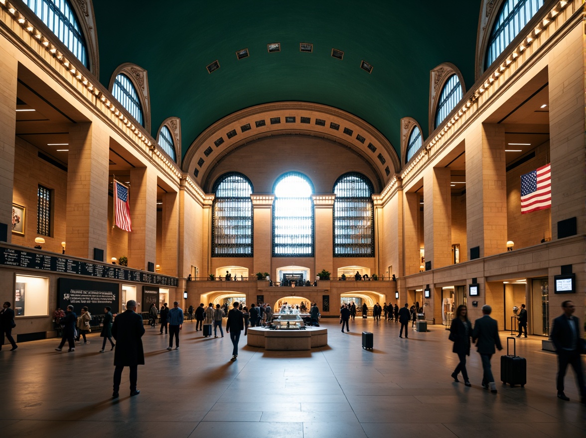 Prompt: Grand central train station, high ceilings, large windows, natural light, modern architecture, sleek metal columns, polished stone floors, vibrant signage, electronic displays, comfortable seating areas, luggage racks, quiet waiting rooms, bustling platforms, rush hour crowds, soft warm lighting, shallow depth of field, 3/4 composition, panoramic view, realistic textures, ambient occlusion.