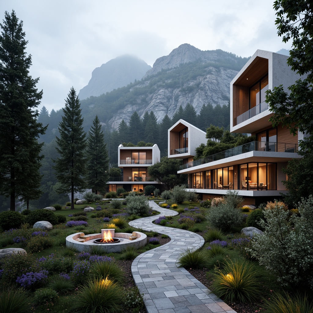 Prompt: Rustic mountain range, winding stone pathways, lush forest surroundings, modern constructivist hotel architecture, angular geometric shapes, bold concrete structures, cantilevered balconies, minimalist decor, natural wood accents, floor-to-ceiling glass windows, panoramic views, ambient lighting, warm color palette, cozy fire pit areas, outdoor seating lounges, scenic hiking trails, misty morning atmosphere, shallow depth of field, 2/3 composition, realistic textures, soft focus effect.