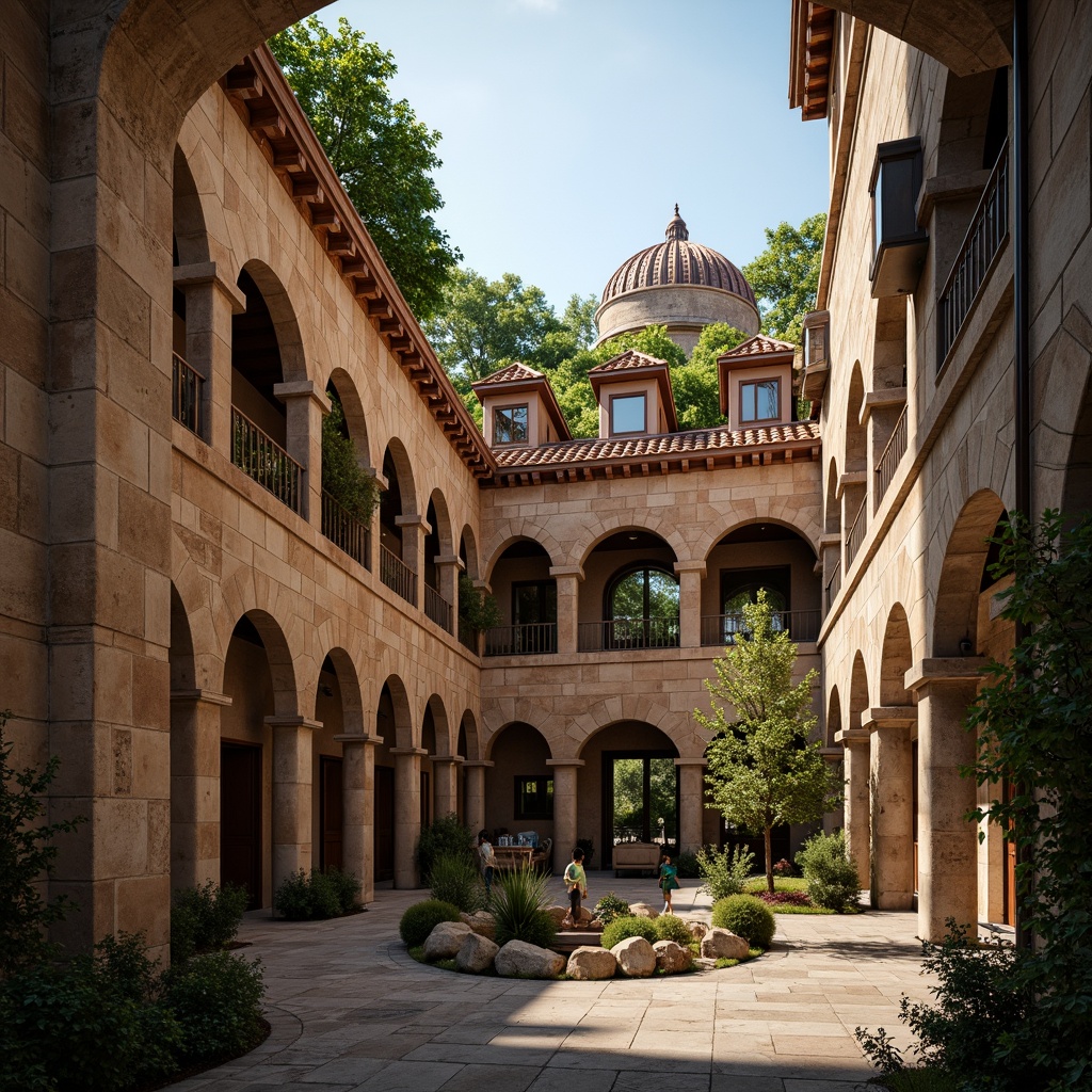 Prompt: Rustic Romanesque building, grand archways, ornate carvings, weathered stone walls, Gothic-inspired vaulted ceilings, ribbed domes, intricate stone patterns, earthy color palette, moss-covered rooftops, overgrown vines, warm afternoon sunlight, soft diffused lighting, shallow depth of field, 2/3 composition, symmetrical framing, highly detailed textures, ambient occlusion.