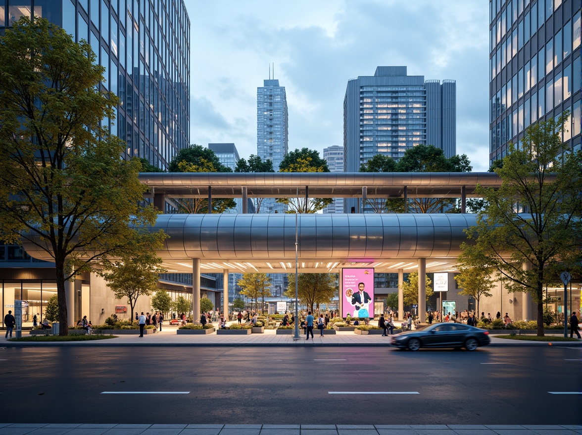 Prompt: Modern bus station, sleek metallic fa\u00e7ade, dynamic LED lighting, cantilevered rooflines, transparent glass walls, futuristic architecture, urban cityscape, bustling streets, vibrant advertisements, digital signage, real-time information displays, comfortable seating areas, lush green roofs, solar panels, energy-efficient systems, wheelchair-accessible ramps, shallow depth of field, 1/2 composition, warm sunny day, soft natural lighting.