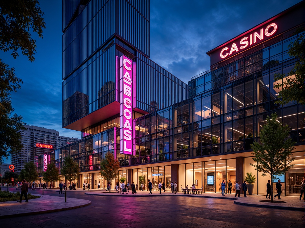 Prompt: Luxurious casino building, sleek glass facade, reflective surfaces, angular lines, modern architecture, vibrant neon lights, bustling cityscape, night scene, dramatic shadows, high-contrast lighting, shallow depth of field, 1/1 composition, cinematic view, realistic textures, ambient occlusion, polished marble floors, lavish decorations, grand chandeliers, opulent furnishings, sophisticated ambiance.