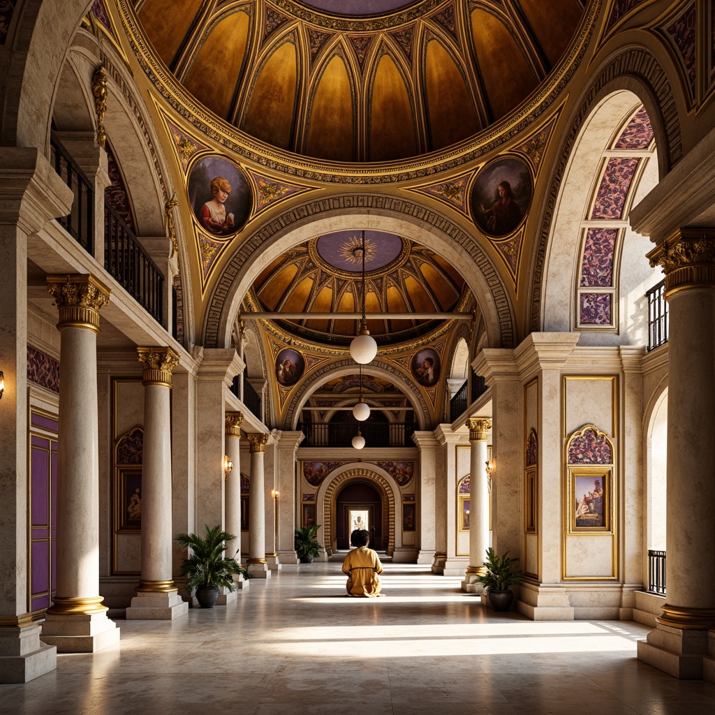 Prompt: Majestic Byzantine architecture, ornate golden domes, intricate stone carvings, vibrant mosaic patterns, rich jewel-toned frescoes, warm terracotta hues, creamy marble columns, ornamental archways, grandiose entranceways, regal purple accents, soft warm lighting, high contrast shadows, 1/2 composition, dramatic perspective, realistic textures, ambient occlusion.