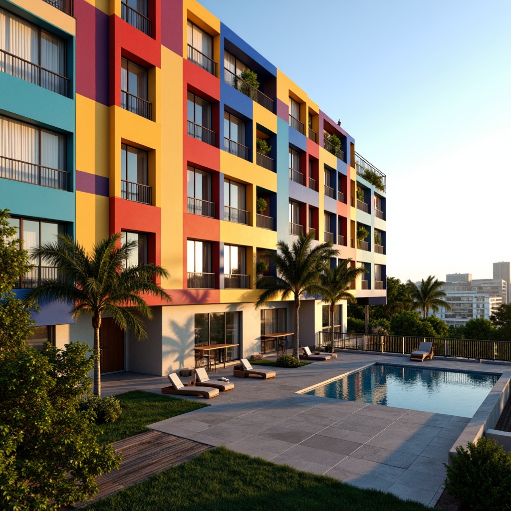 Prompt: Vibrant hotel facade, geometric shapes, bold color blocks, modern constructivist architecture, angular lines, abstract patterns, luxurious amenities, rooftop pool, sunbathing deck, lush greenery, tropical plants, natural stone walls, wooden accents, minimalist decor, sleek metal railings, panoramic views, cityscape backdrop, warm golden lighting, shallow depth of field, 2/3 composition, realistic textures, ambient occlusion.