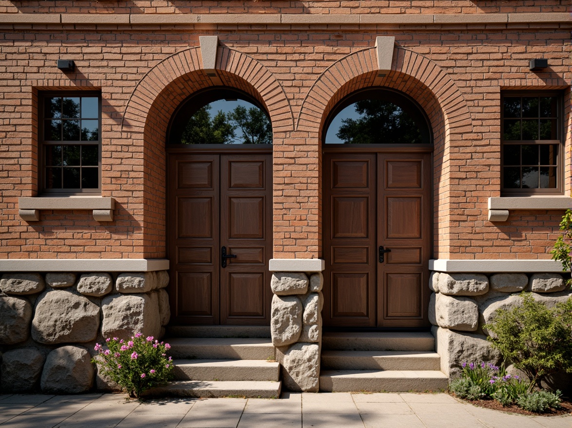 Prompt: Rustic brick walls, weathered mortar joints, earthy brown color palette, distressed texture, rough stone foundations, ornate metal doorways, arched windows, vintage industrial aesthetic, warm natural lighting, soft focus, 1/2 composition, realistic material rendering, ambient occlusion.