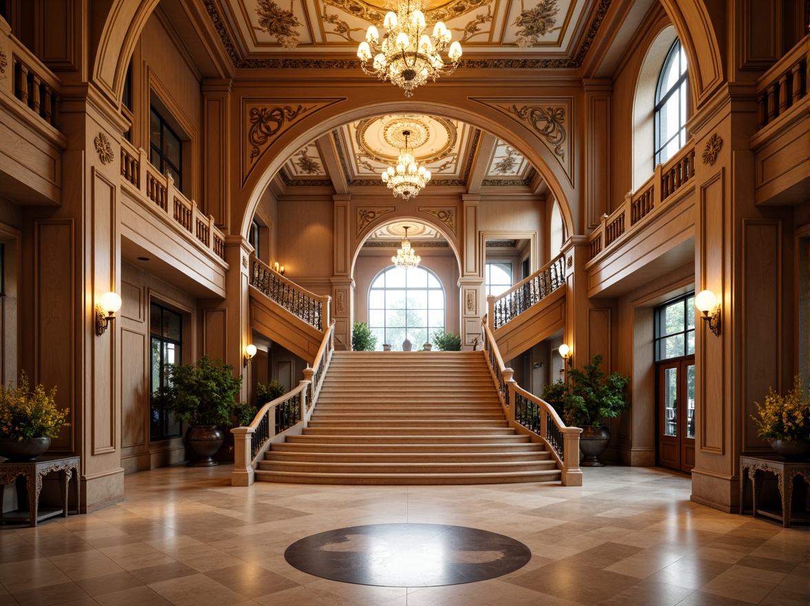 Prompt: Opulent grand entrance, majestic archways, sweeping staircases, ornate chandeliers, polished marble floors, lavish furnishings, regal color schemes, golden accents, intricate molding details, symmetrical compositions, dramatic lighting effects, shallow depth of field, 1/1 composition, realistic textures, ambient occlusion.