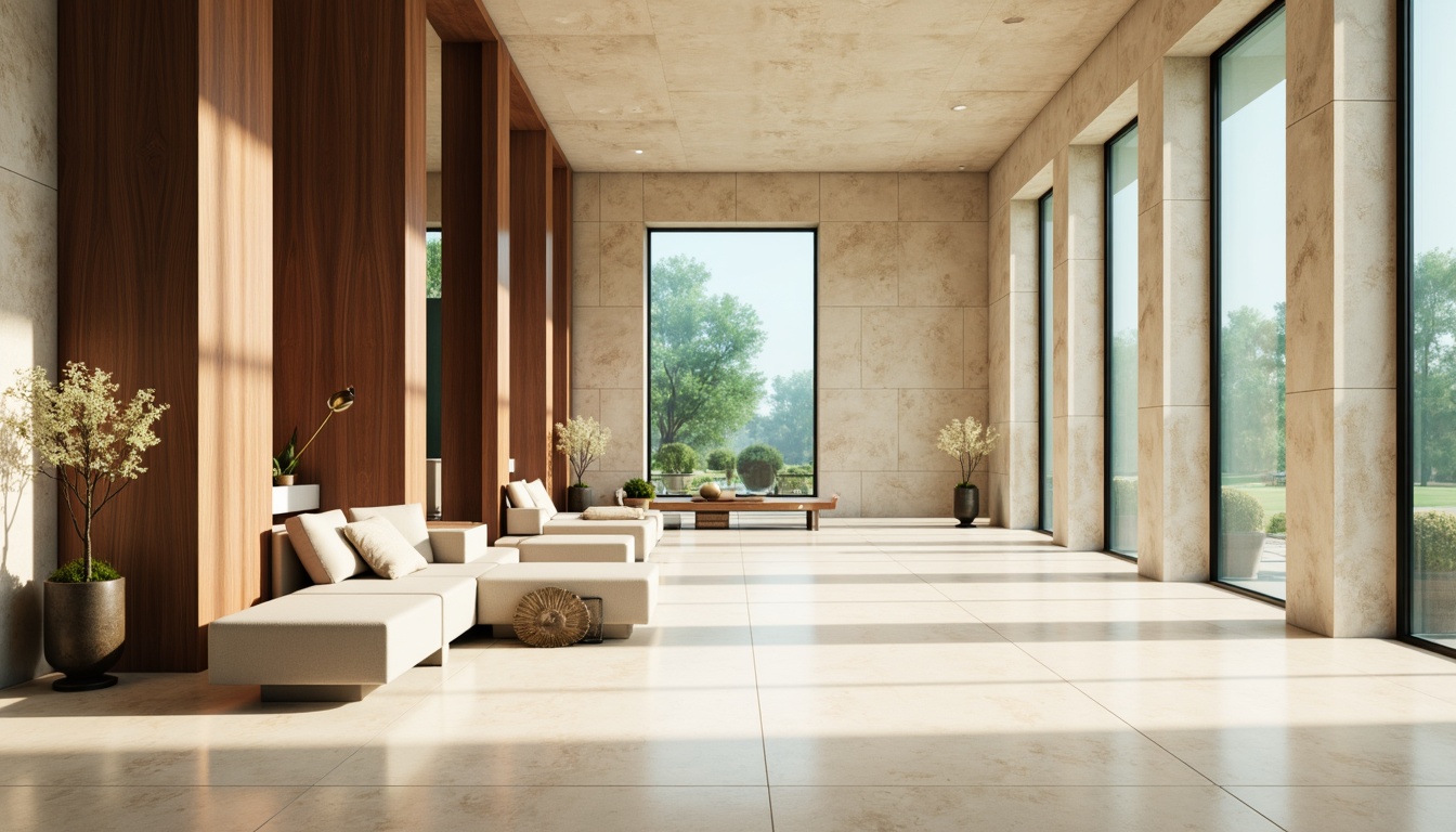 Prompt: Soft warm beige walls, rich walnut wood accents, creamy marble floors, calming blue-green glass windows, natural stone columns, elegant minimalist decor, serene atmosphere, soft diffused lighting, shallow depth of field, 1/1 composition, realistic textures, ambient occlusion, gentle color transitions, soothing color harmony, balanced contrast, subtle gradient effects.