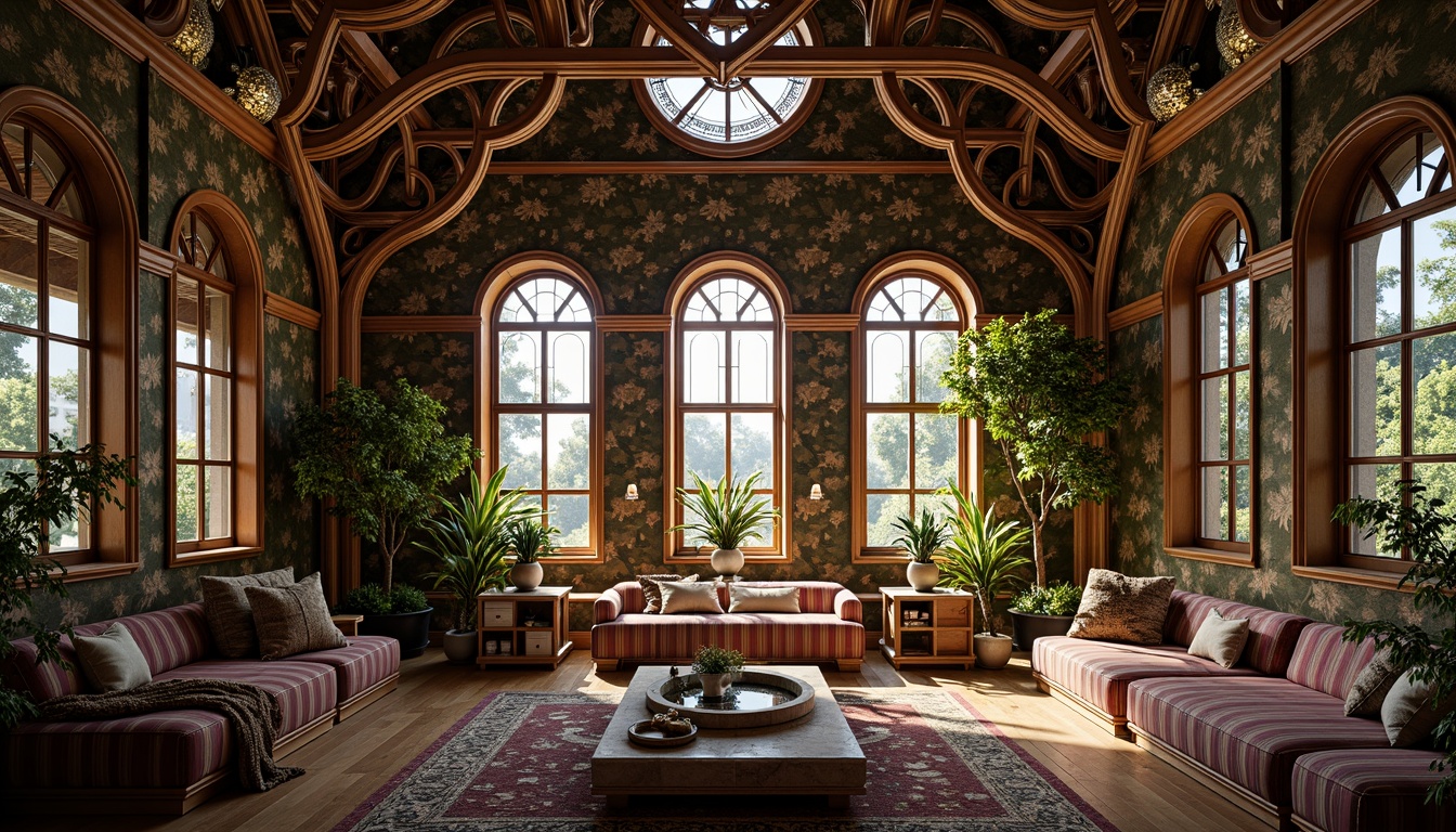 Prompt: Intricate metalwork, flowing curves, organic forms, whimsical patterns, ornate decorations, luxurious materials, lavish furnishings, stained glass windows, sinuous lines, botanical motifs, elegant typography, vintage colors, soft warm lighting, shallow depth of field, 3/4 composition, panoramic view, realistic textures, ambient occlusion.