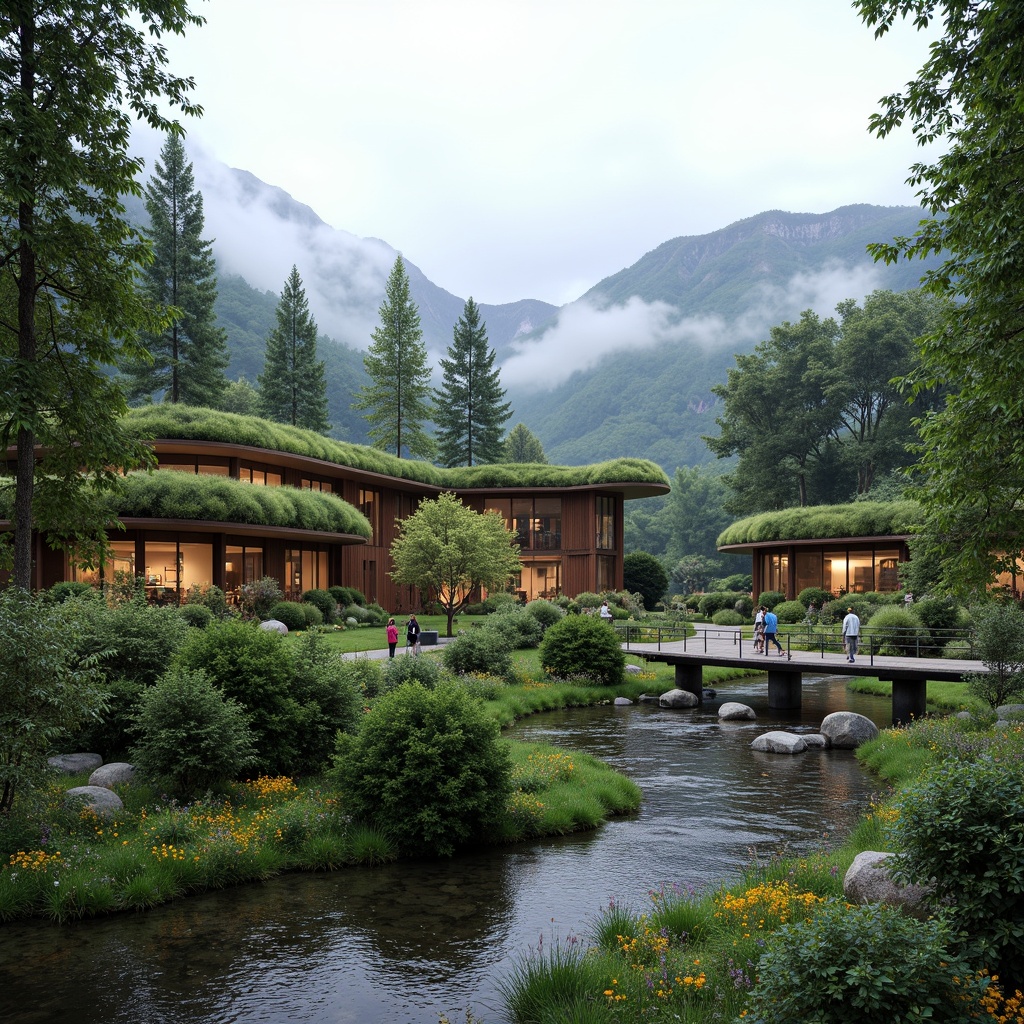 Prompt: Seamless landscape integration, curved organic buildings, lush green roofs, living walls, natural stone fa\u00e7ades, wooden accents, minimalist modern architecture, serene forest surroundings, misty mountains, tranquil lakeside, meandering streams, vibrant wildflowers, rustic wooden bridges, weathered steel railings, soft diffused lighting, 1/1 composition, atmospheric perspective, detailed terrain textures, subtle depth cues.