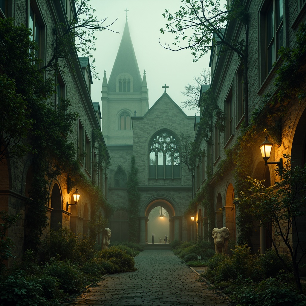 Prompt: Mysterious Gothic cathedral, overgrown with vines, eerie fog, moss-covered stone walls, twisted tree branches, lantern-style lighting, cobblestone pathways, ancient ruins, mystical statues, foggy misty atmosphere, warm golden lighting, shallow depth of field, 1/1 composition, symmetrical framing, intricate stone carvings, mysterious ambiance.